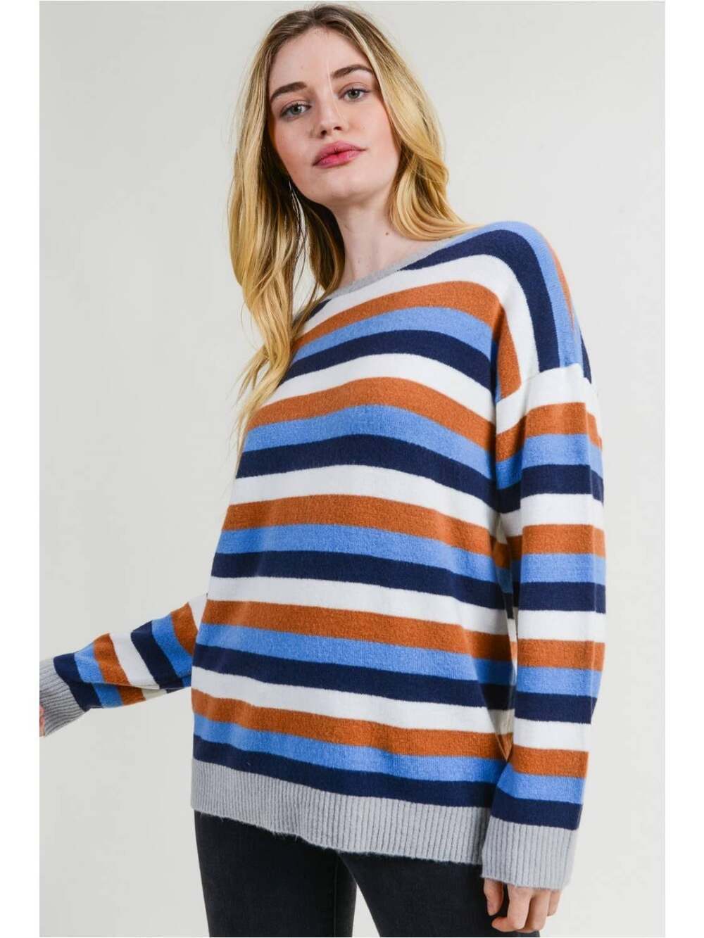 Cotton Blue Striped Oversized Knit Crew Neck Long Sleeve  Sweater